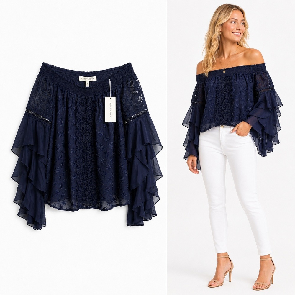 Ramy Brook Womens XS Navy Lace Off Shoulder Boho‎ Ruffle Sleeve Blouse NWT Top